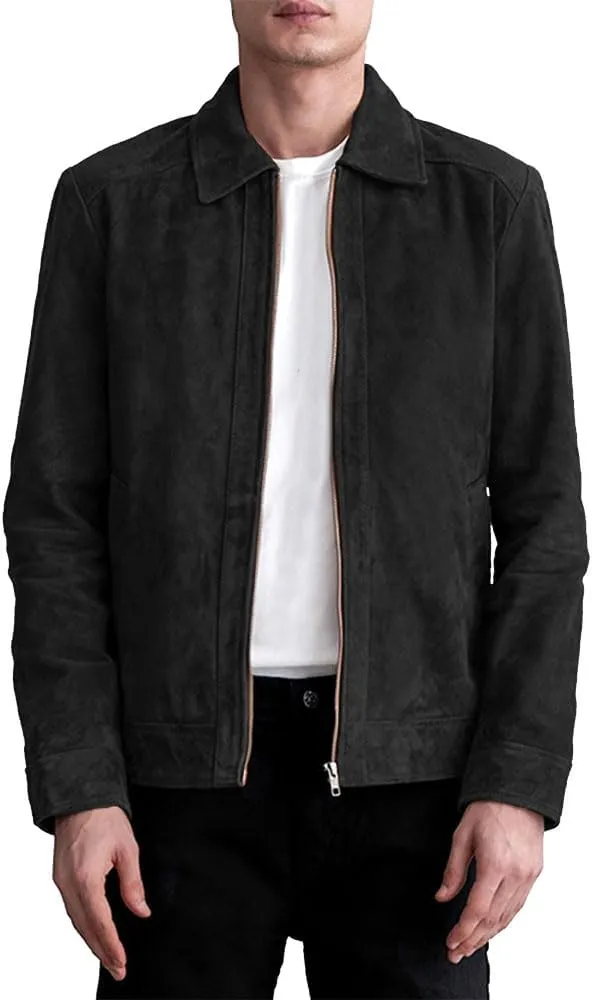 Men's Suede Shirt Zipper Jacket Full Zip Casual Vintage Jackets Suede Leather Jackets for Mens