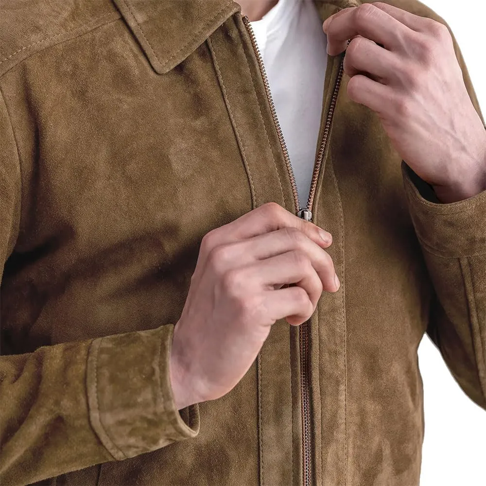 Men's Suede Shirt Zipper Jacket Full Zip Casual Vintage Jackets Suede Leather Jackets for Mens