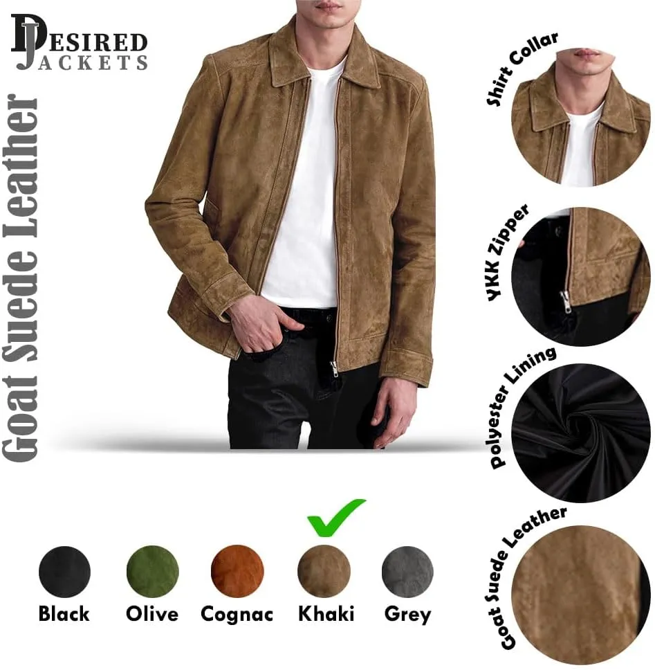Men's Suede Shirt Zipper Jacket Full Zip Casual Vintage Jackets Suede Leather Jackets for Mens