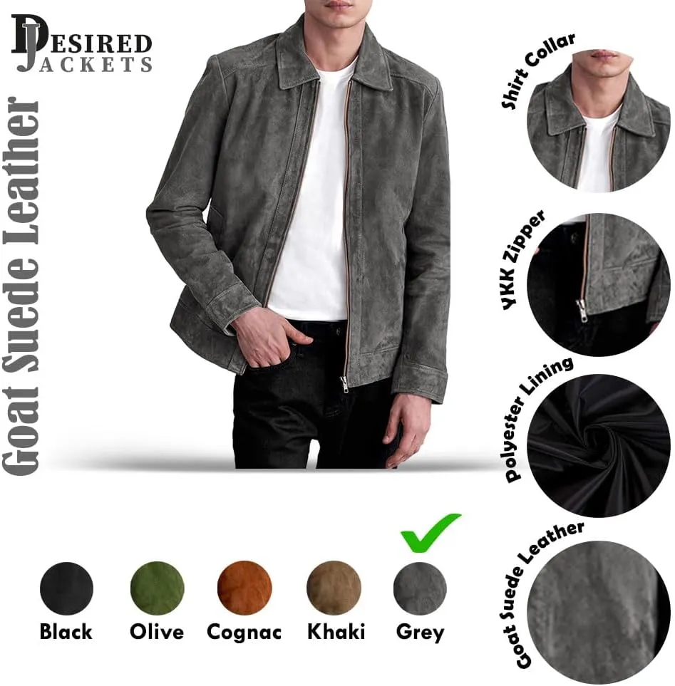 Men's Suede Shirt Zipper Jacket Full Zip Casual Vintage Jackets Suede Leather Jackets for Mens
