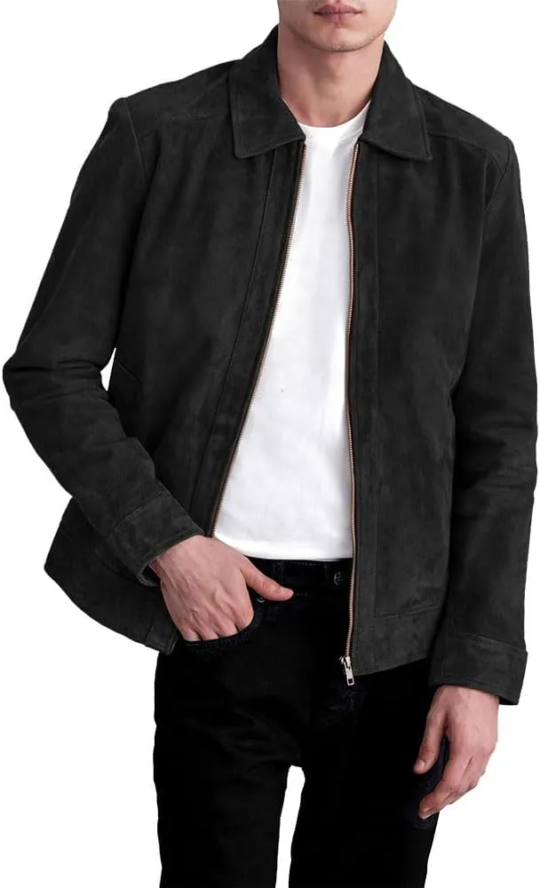 Men's Suede Shirt Zipper Jacket Full Zip Casual Vintage Jackets Suede Leather Jackets for Mens
