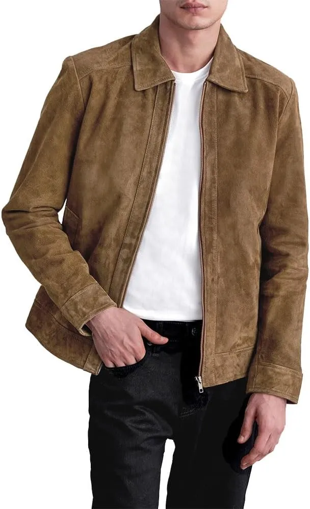 Men's Suede Shirt Zipper Jacket Full Zip Casual Vintage Jackets Suede Leather Jackets for Mens