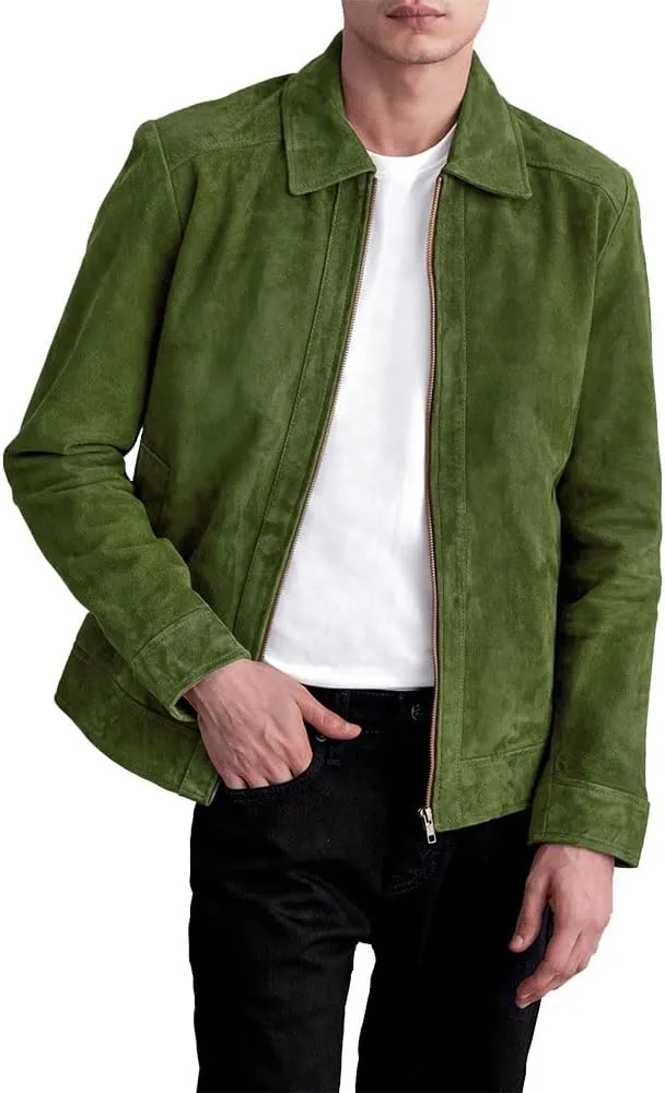 Men's Suede Shirt Zipper Jacket Full Zip Casual Vintage Jackets Suede Leather Jackets for Mens