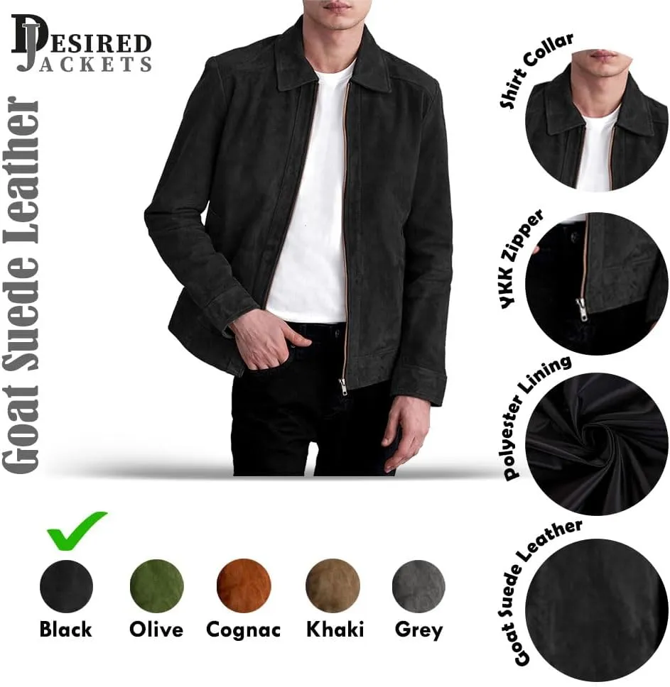 Men's Suede Shirt Zipper Jacket Full Zip Casual Vintage Jackets Suede Leather Jackets for Mens