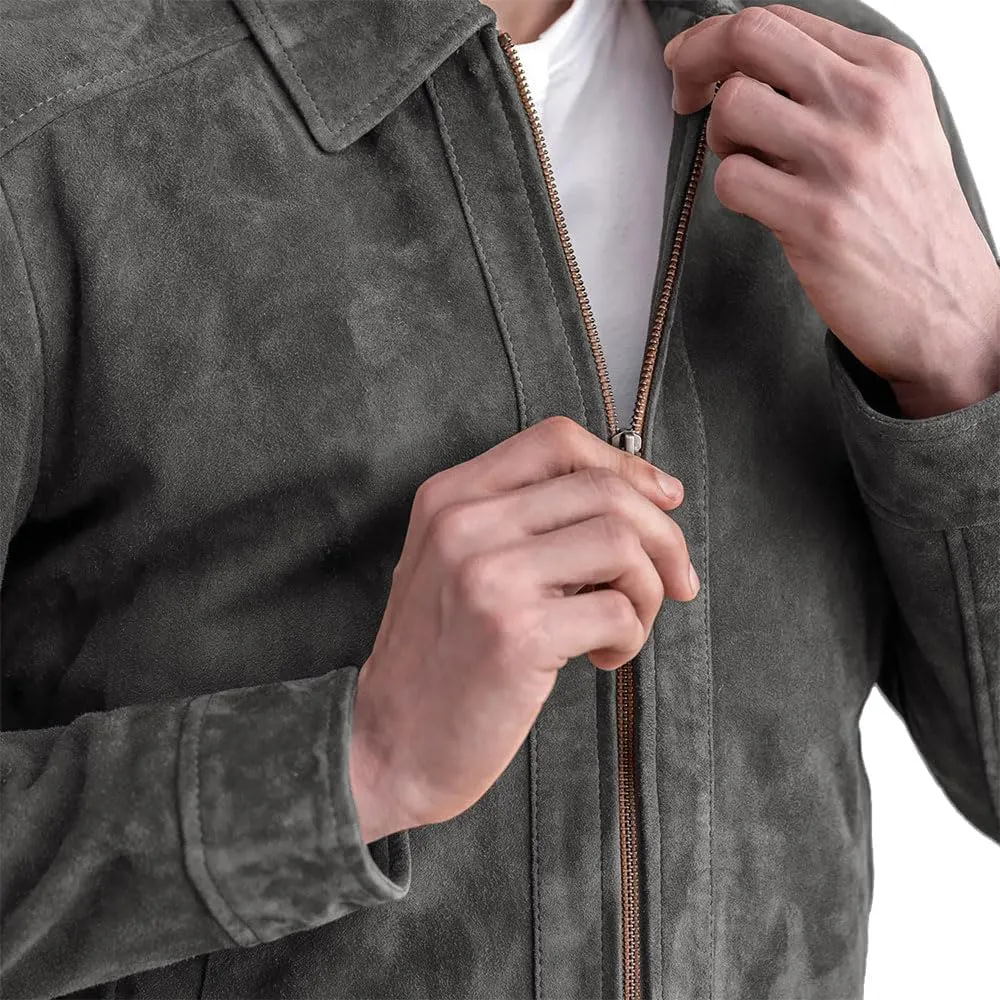 Men's Suede Shirt Zipper Jacket Full Zip Casual Vintage Jackets Suede Leather Jackets for Mens