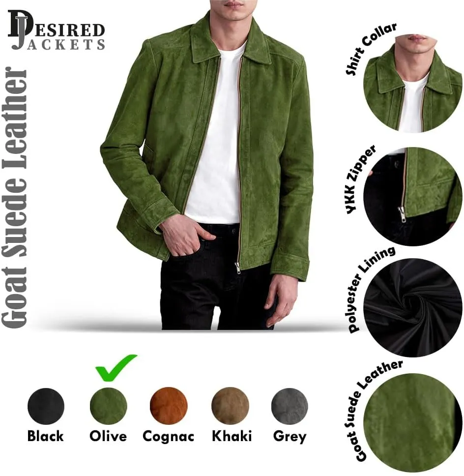 Men's Suede Shirt Zipper Jacket Full Zip Casual Vintage Jackets Suede Leather Jackets for Mens