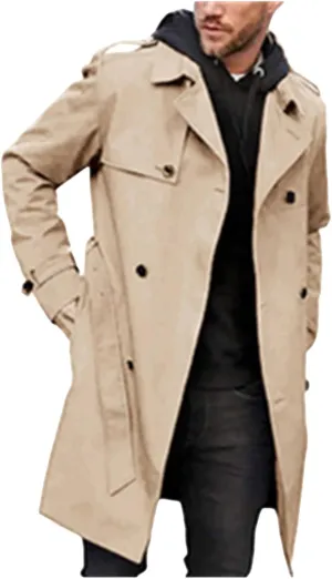 Men's Trench Coats Slim fit Double Breasted Belted Windbreaker Lapel Long Jackets Casual Windproof Overcoats
