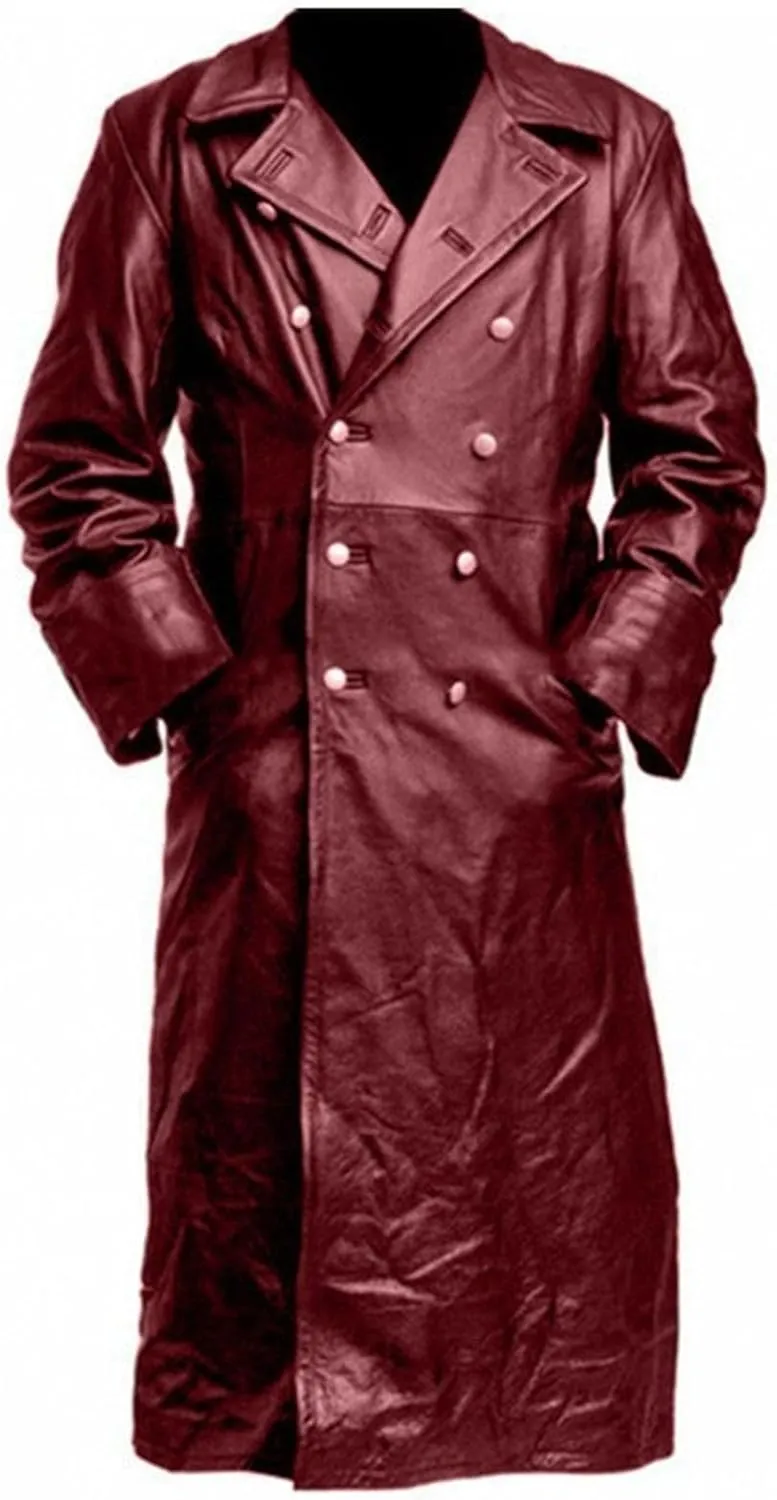 Men's Vintage Medieval PU Leather Long Trench Coats Notch Lapel Long Sleeve Double Breasted Windbreaker Jackets