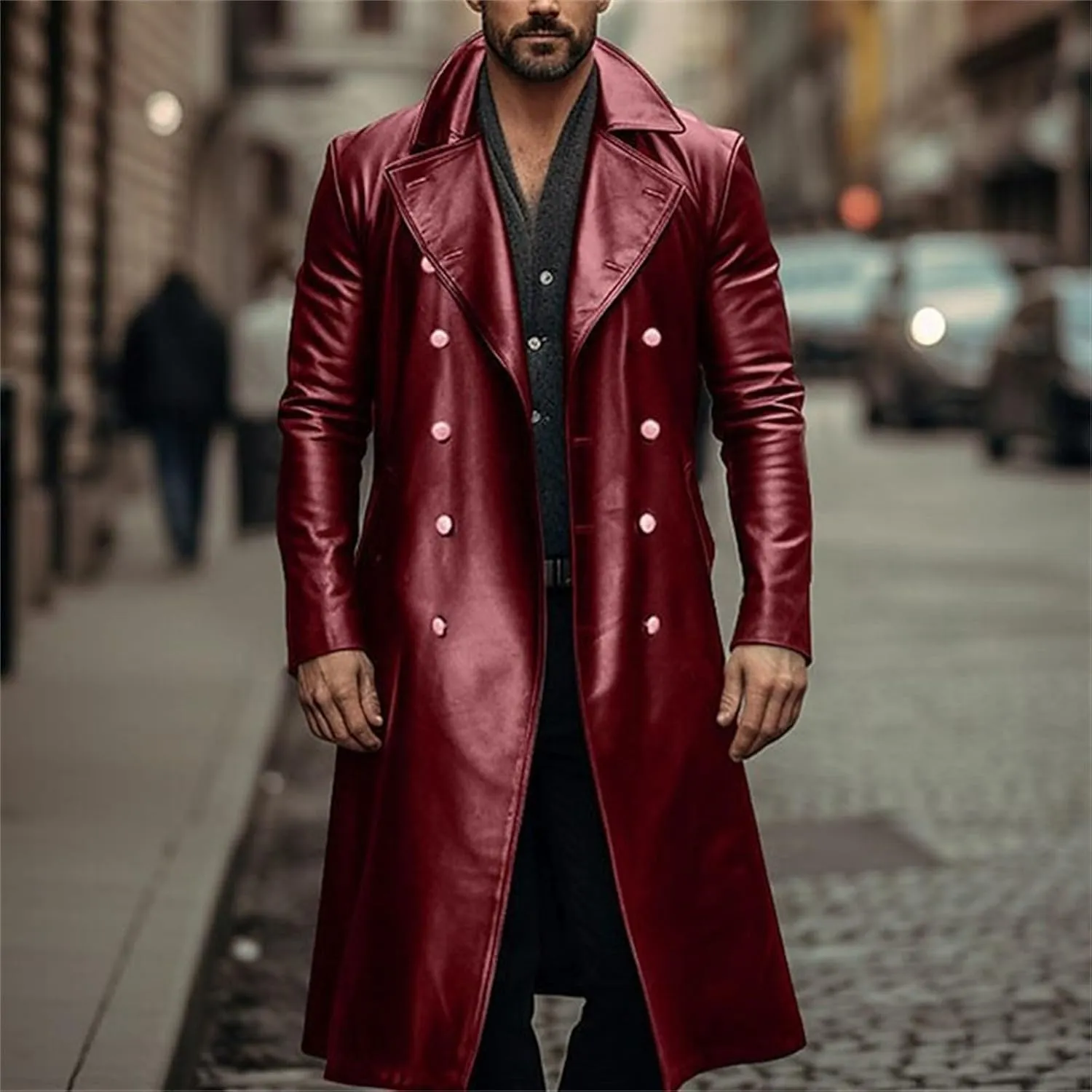Men's Vintage Medieval PU Leather Long Trench Coats Notch Lapel Long Sleeve Double Breasted Windbreaker Jackets