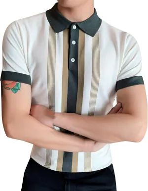 Mens Vintage Striped Knit Polos Shirts Short Sleeve Button Down Golf Casual Shirts Summer Big and Tall Collar Shirts
