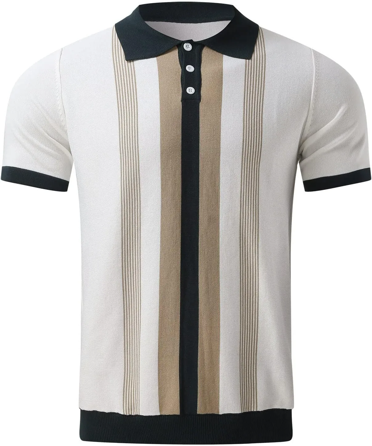 Mens Vintage Striped Knit Polos Shirts Short Sleeve Button Down Golf Casual Shirts Summer Big and Tall Collar Shirts