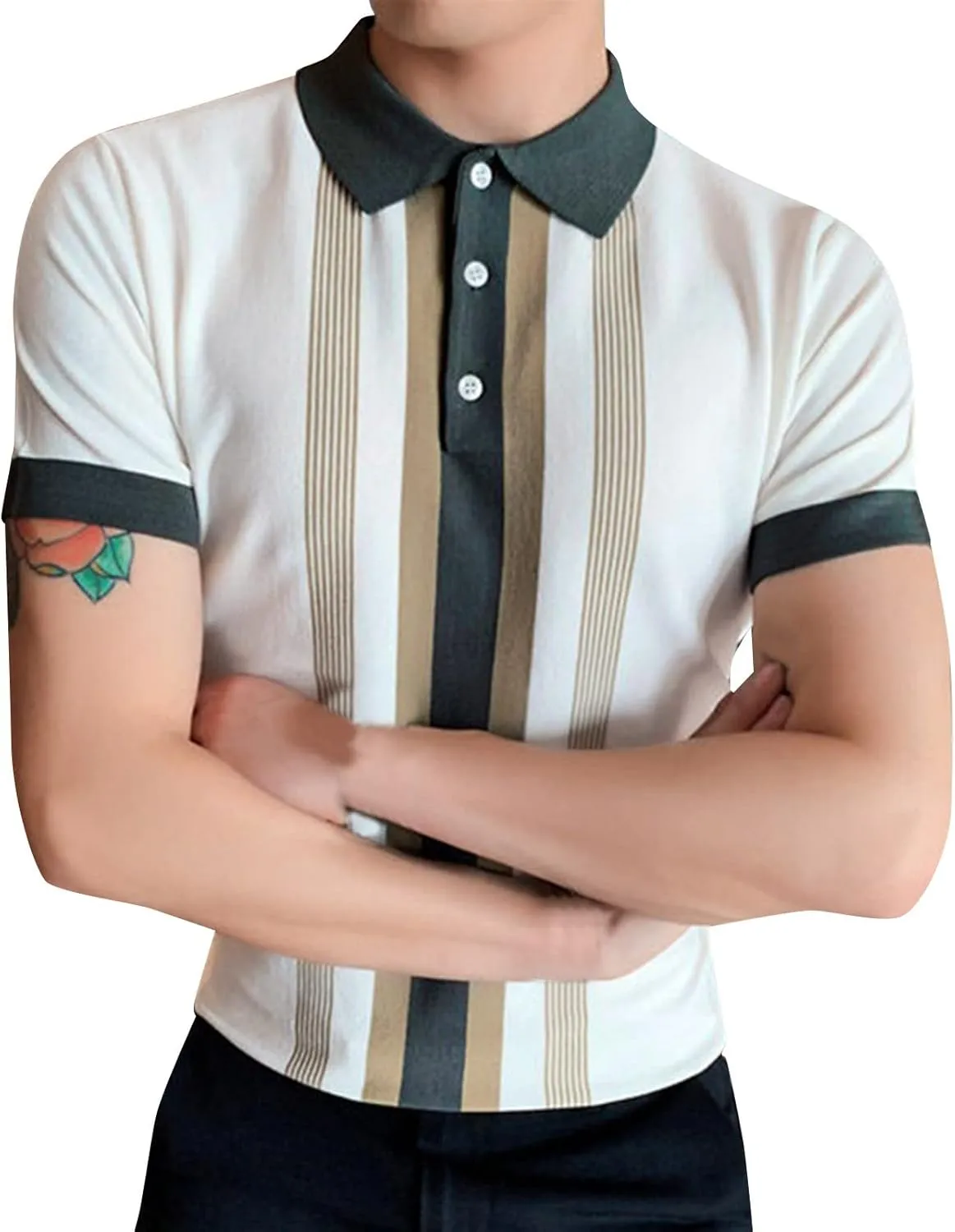 Mens Vintage Striped Knit Polos Shirts Short Sleeve Button Down Golf Casual Shirts Summer Big and Tall Collar Shirts
