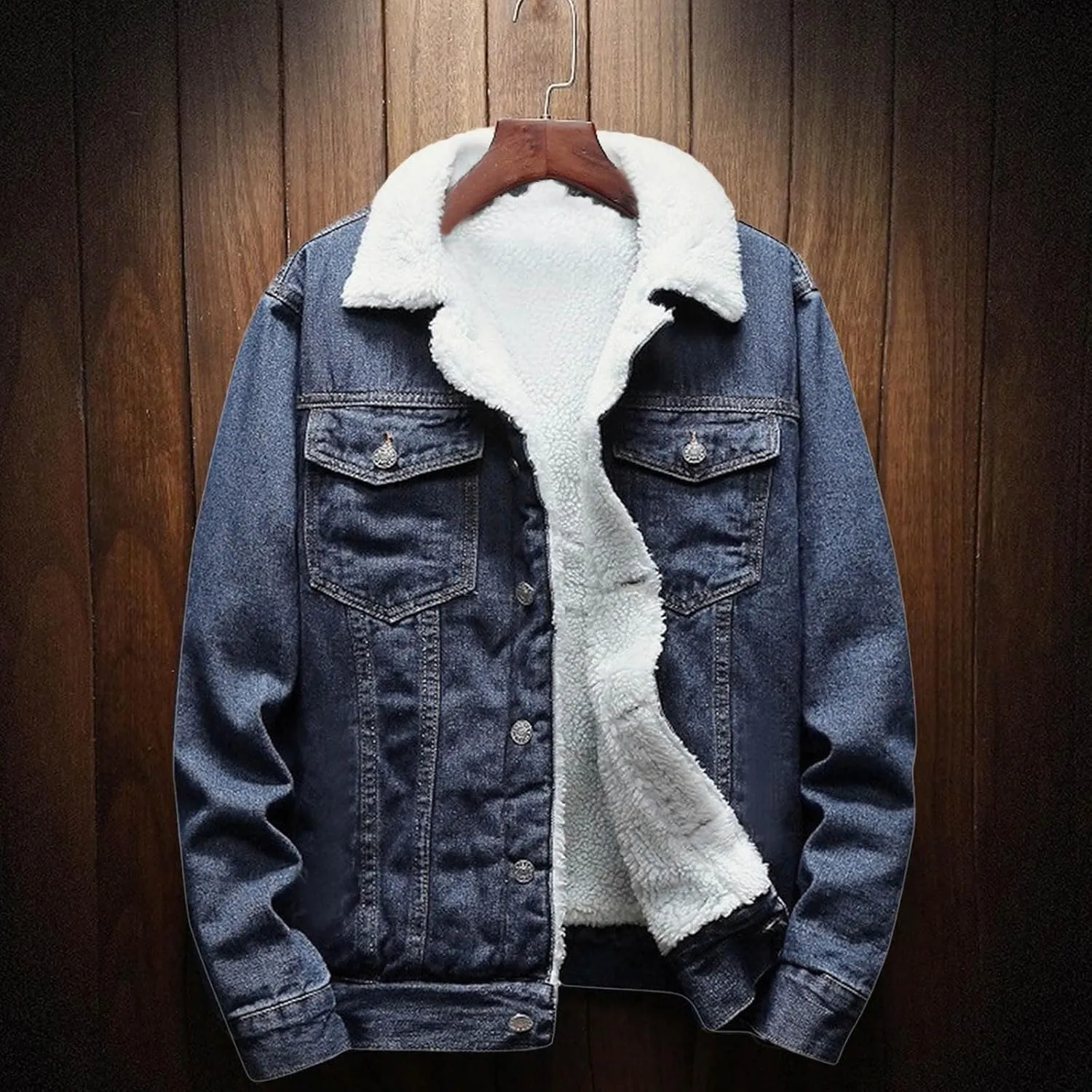 Men's Winter Coat: Fleece Lined Denim Jacket with Pockets, Big & Tall Sizes, Multicoloured