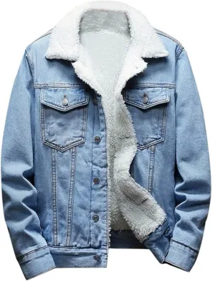 Men's Winter Coat: Fleece Lined Denim Jacket with Pockets, Big & Tall Sizes, Multicoloured