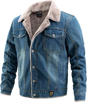 Men's Winter Coat: Fleece Lined Denim Jacket with Pockets, Big & Tall Sizes, Multicoloured