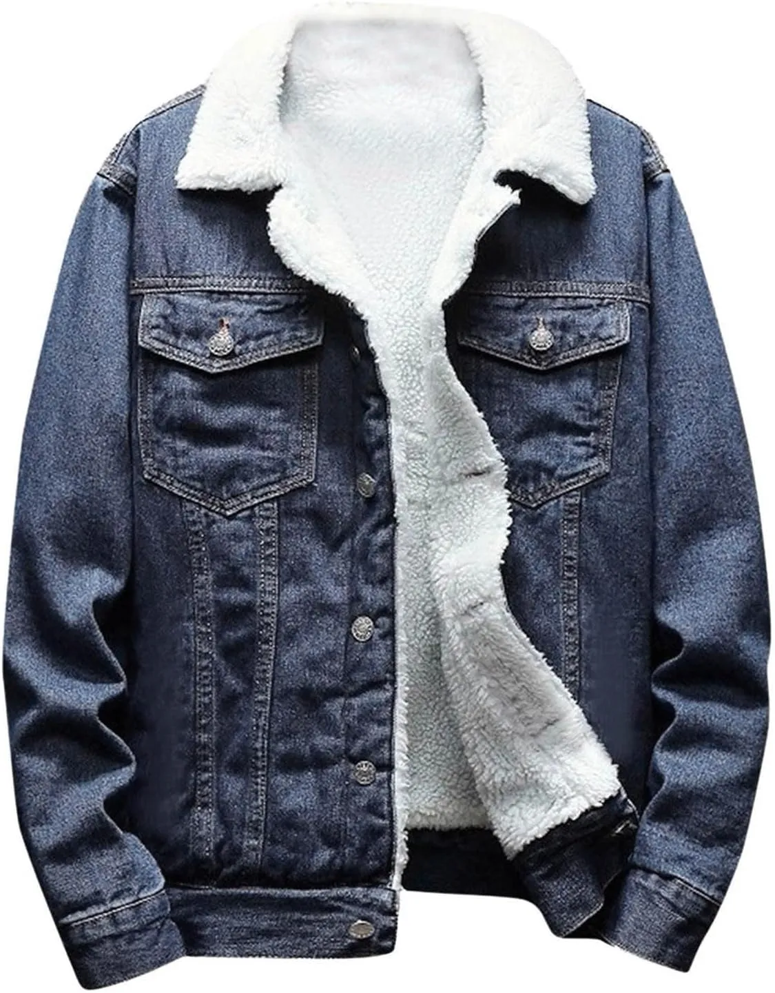 Men's Winter Coat: Fleece Lined Denim Jacket with Pockets, Big & Tall Sizes, Multicoloured