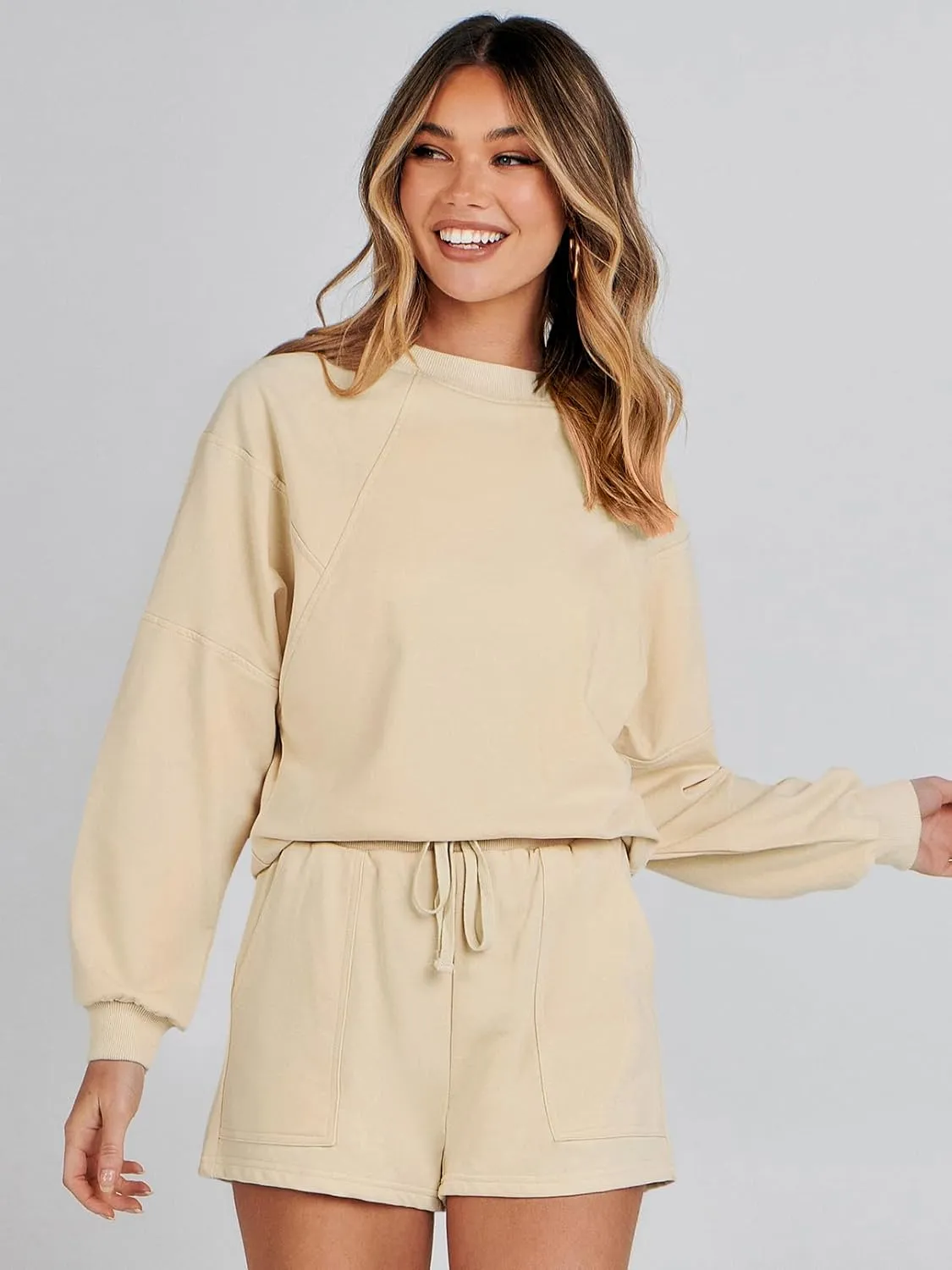 MEROKEETY Women's 2025 Fall Oversized Batwing Sleeve Lounge Sets Casual Top and Shorts 2 Piece Outfits Sweatsuit