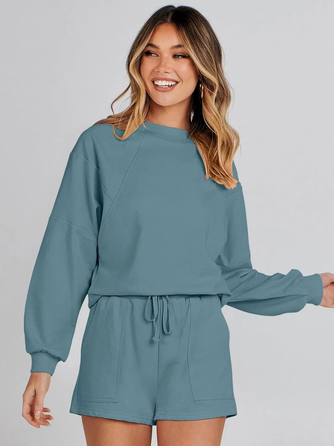 MEROKEETY Women's 2025 Fall Oversized Batwing Sleeve Lounge Sets Casual Top and Shorts 2 Piece Outfits Sweatsuit