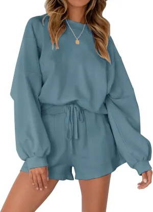 MEROKEETY Women's 2025 Fall Oversized Batwing Sleeve Lounge Sets Casual Top and Shorts 2 Piece Outfits Sweatsuit
