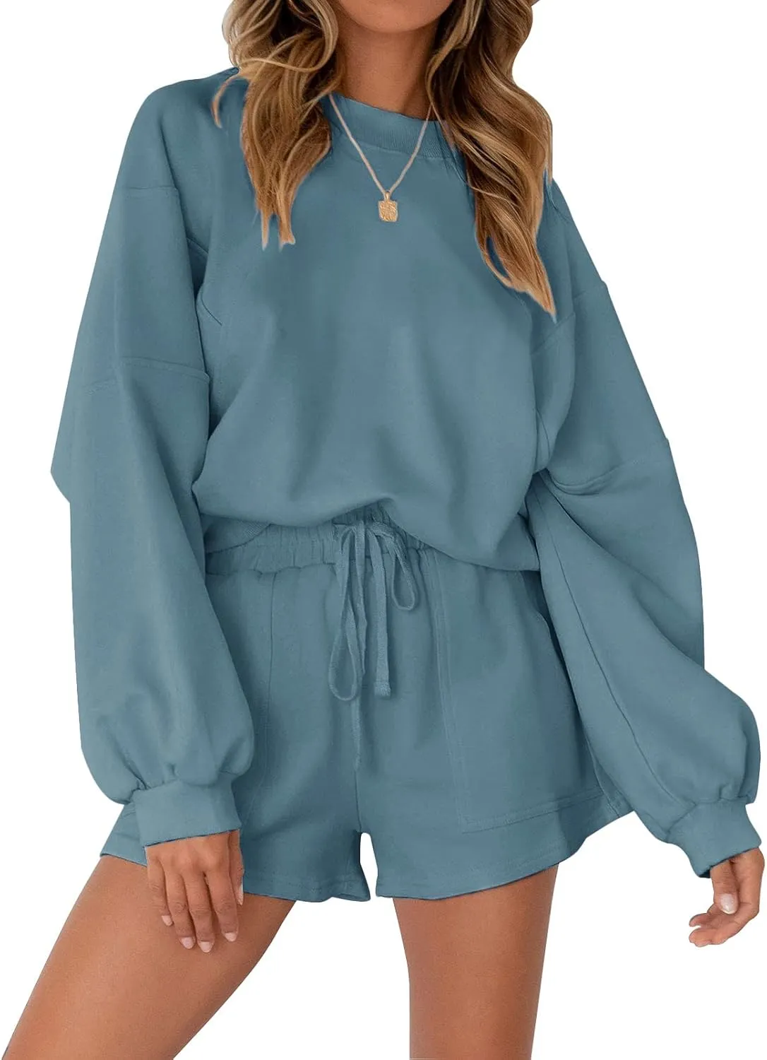 MEROKEETY Women's 2025 Fall Oversized Batwing Sleeve Lounge Sets Casual Top and Shorts 2 Piece Outfits Sweatsuit