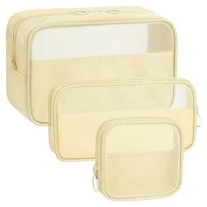 Mesh Makeup Bag, 3 Pack Cosmetic Bag Set with Zipper Nylon Toiletry Pouch for Purse Diaper Bag (Beige)
