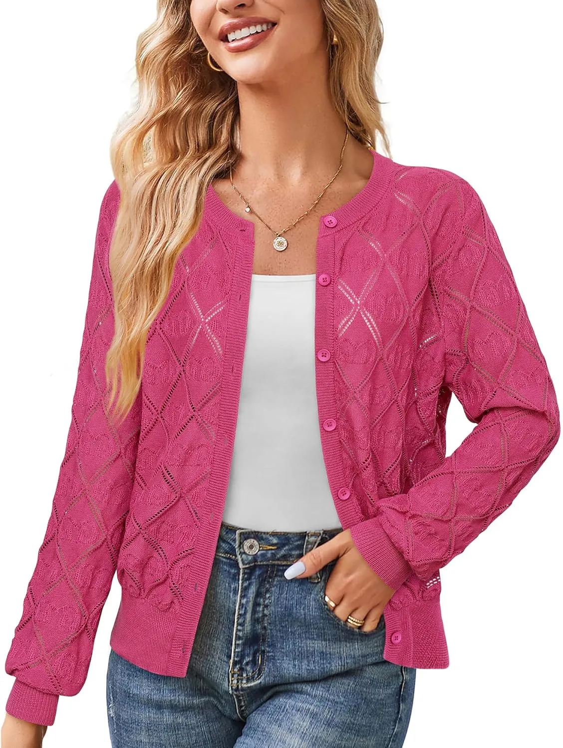 Messic Women's Lightweight Cardigan Shrugs Hollowed-Out Button Down Crochet Knit Sweater Tops