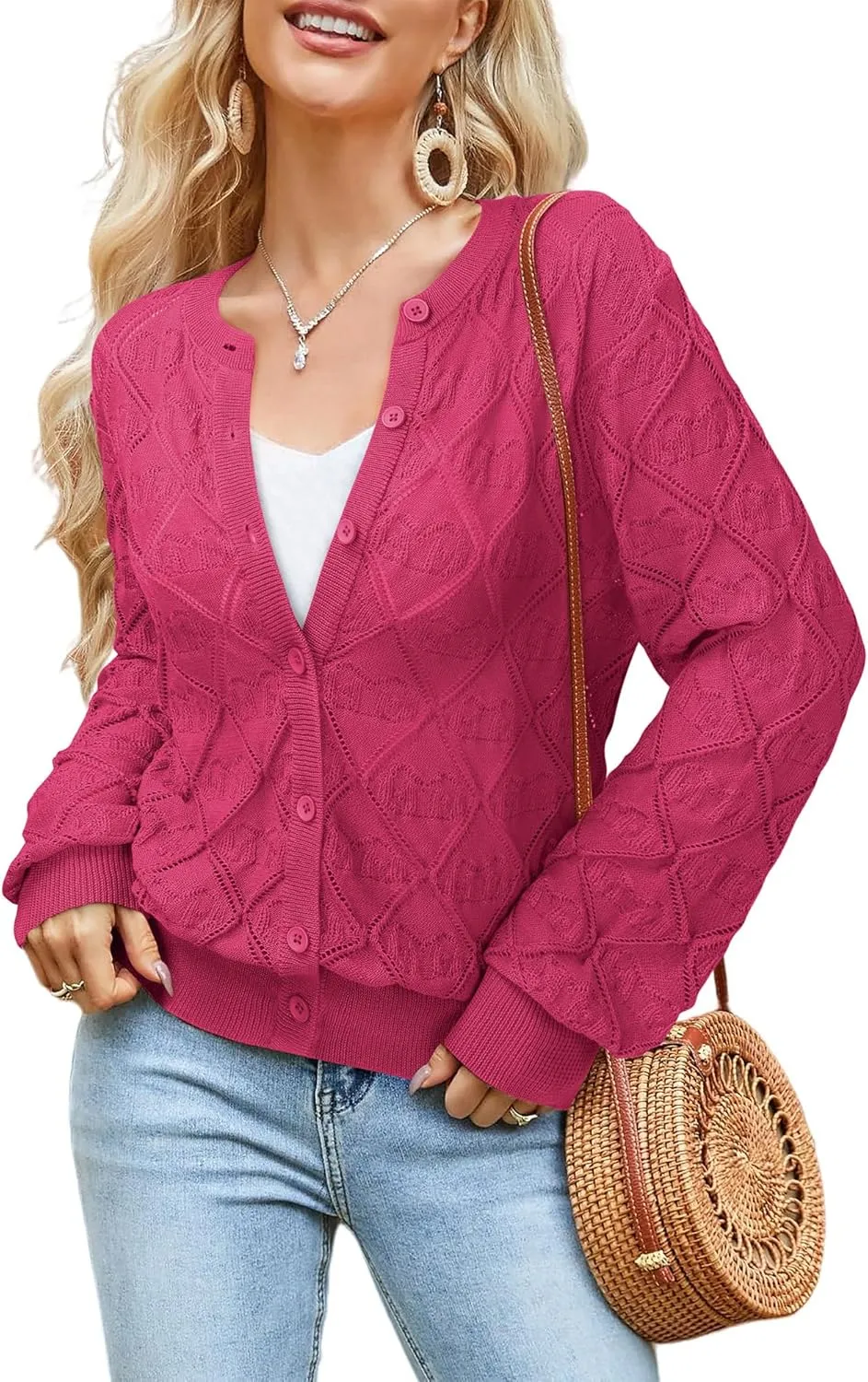 Messic Women's Lightweight Cardigan Shrugs Hollowed-Out Button Down Crochet Knit Sweater Tops