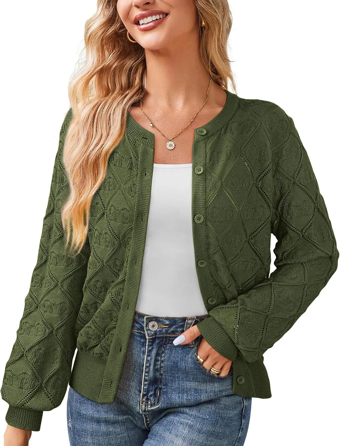 Messic Women's Lightweight Cardigan Shrugs Hollowed-Out Button Down Crochet Knit Sweater Tops