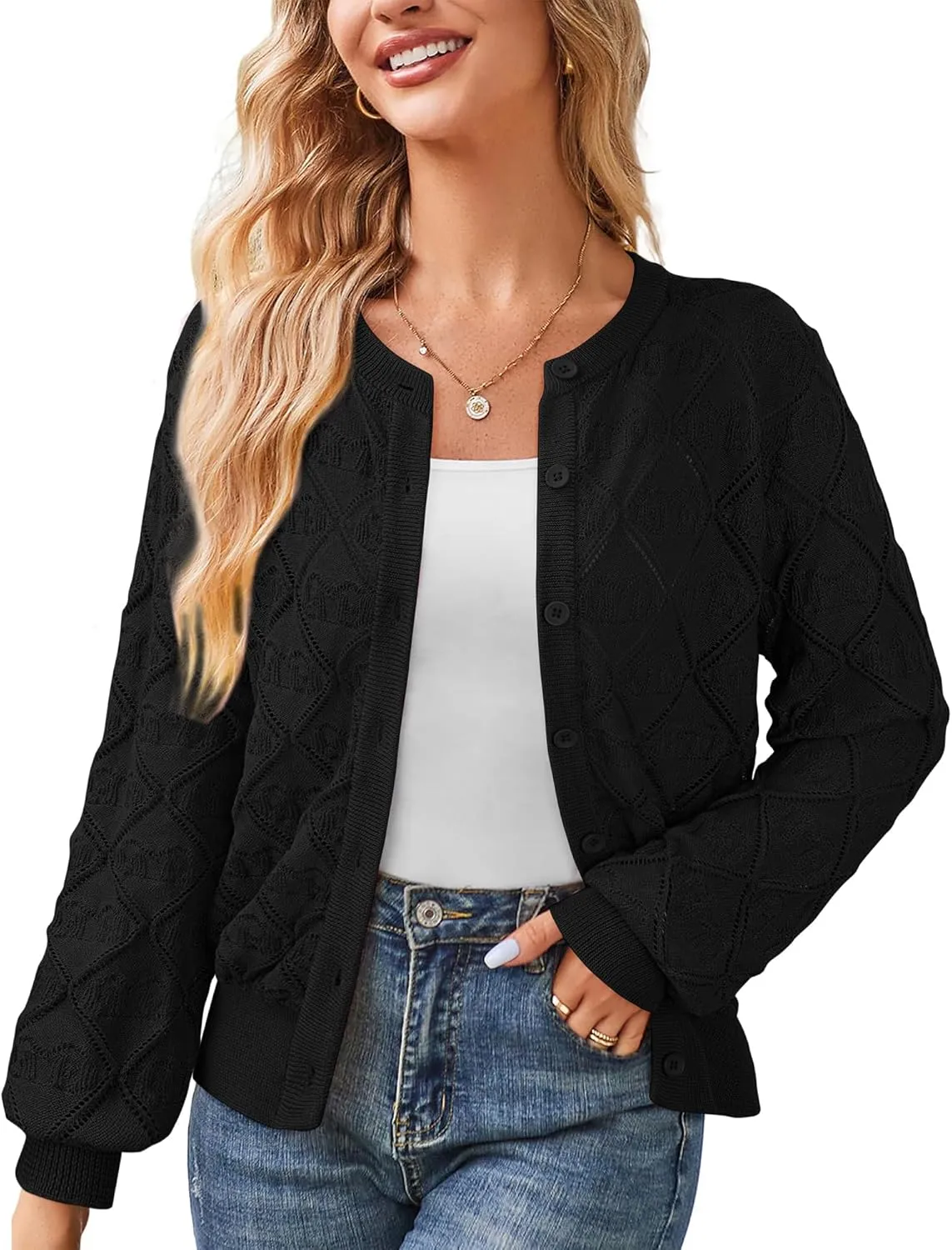 Messic Women's Lightweight Cardigan Shrugs Hollowed-Out Button Down Crochet Knit Sweater Tops