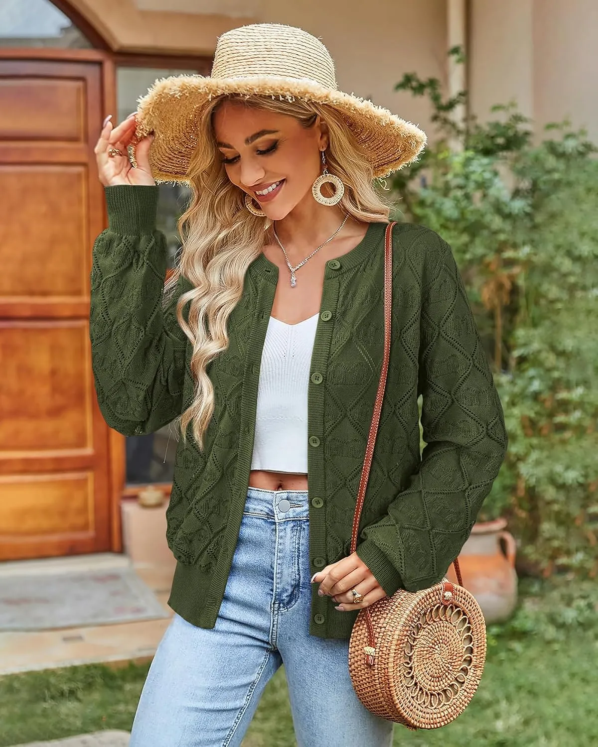 Messic Women's Lightweight Cardigan Shrugs Hollowed-Out Button Down Crochet Knit Sweater Tops