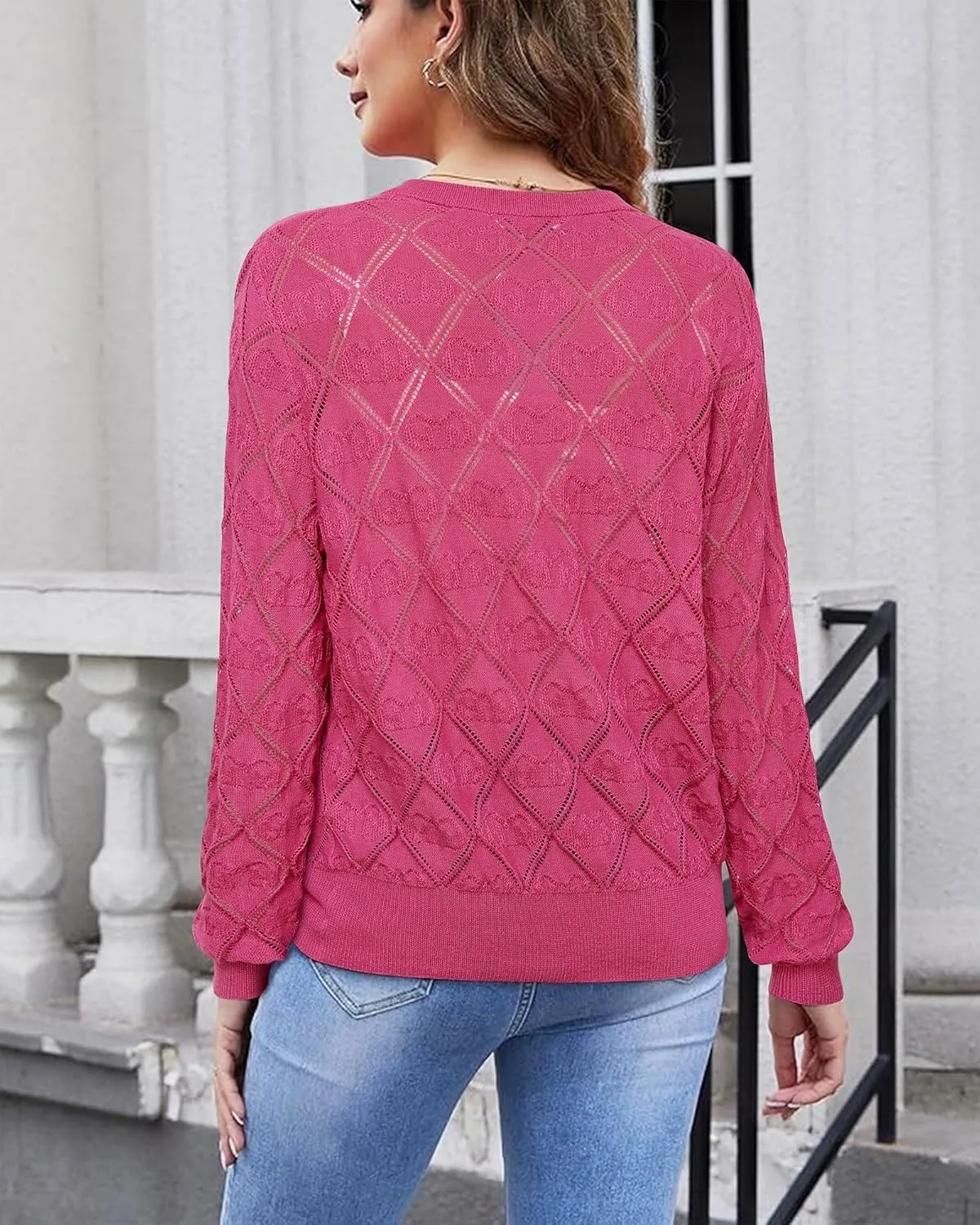 Messic Women's Lightweight Cardigan Shrugs Hollowed-Out Button Down Crochet Knit Sweater Tops