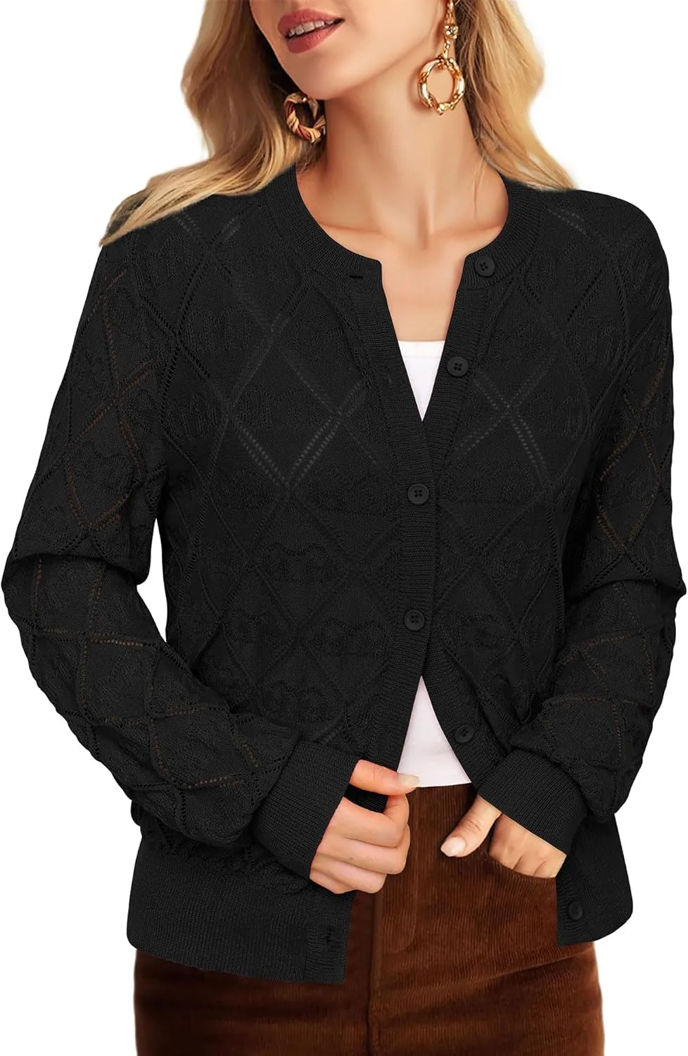 Messic Women's Lightweight Cardigan Shrugs Hollowed-Out Button Down Crochet Knit Sweater Tops
