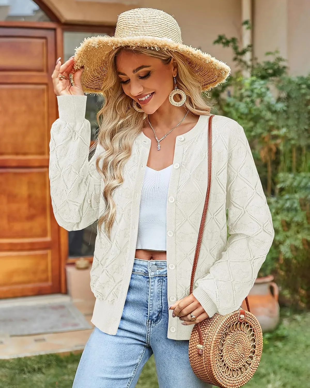 Messic Women's Lightweight Cardigan Shrugs Hollowed-Out Button Down Crochet Knit Sweater Tops
