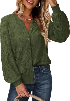 Messic Women's Lightweight Cardigan Shrugs Hollowed-Out Button Down Crochet Knit Sweater Tops