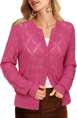Messic Women's Lightweight Cardigan Shrugs Hollowed-Out Button Down Crochet Knit Sweater Tops