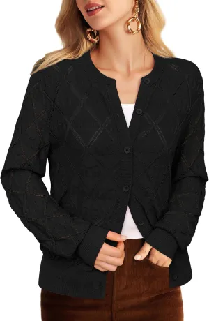 Messic Women's Lightweight Cardigan Shrugs Hollowed-Out Button Down Crochet Knit Sweater Tops