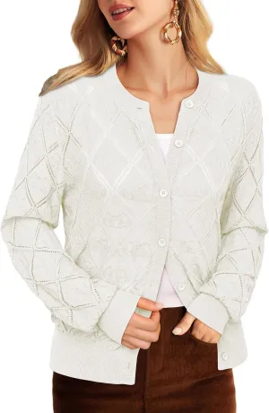 Messic Women's Lightweight Cardigan Shrugs Hollowed-Out Button Down Crochet Knit Sweater Tops