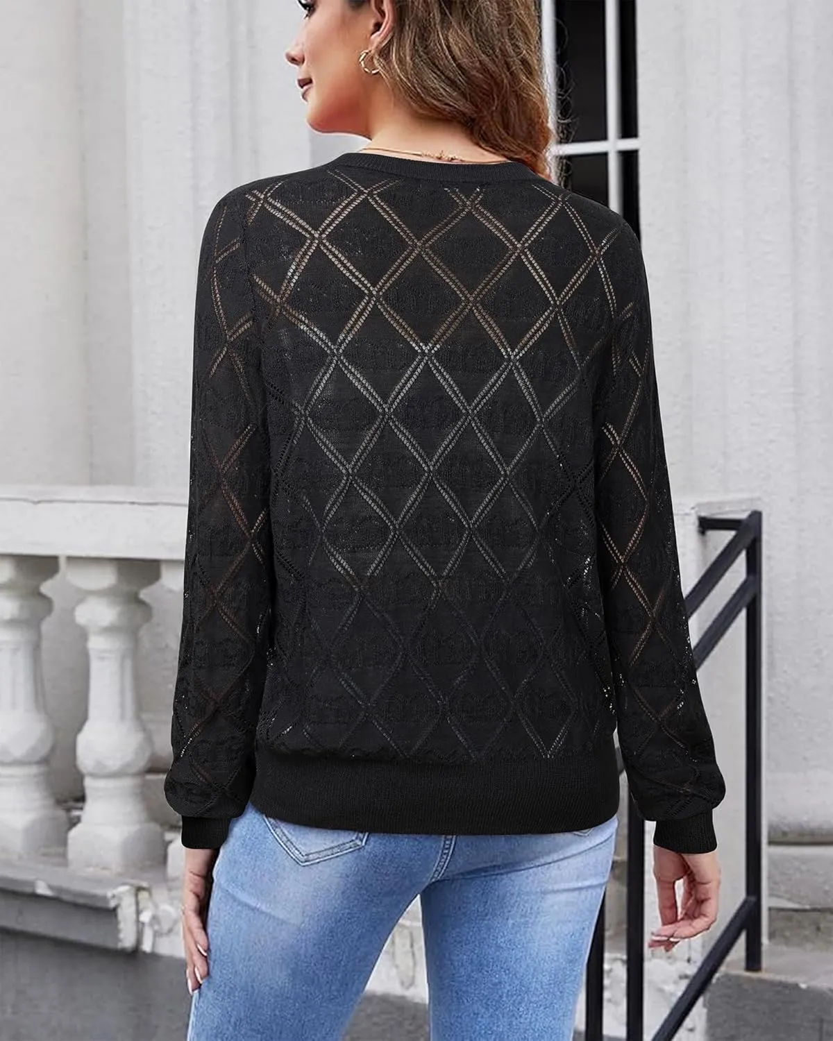 Messic Women's Lightweight Cardigan Shrugs Hollowed-Out Button Down Crochet Knit Sweater Tops