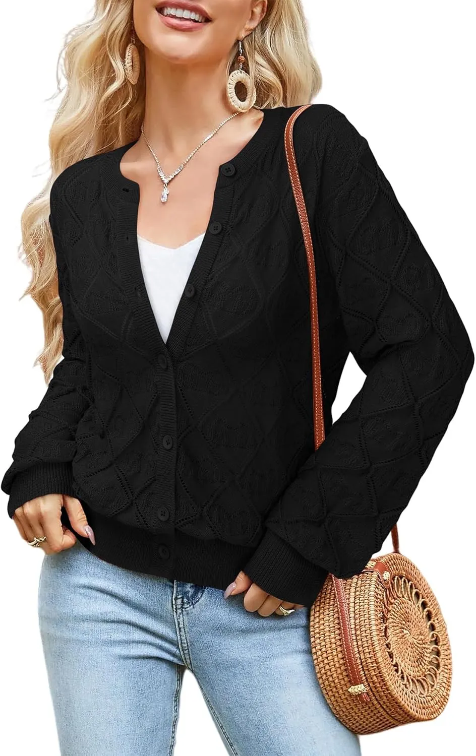 Messic Women's Lightweight Cardigan Shrugs Hollowed-Out Button Down Crochet Knit Sweater Tops