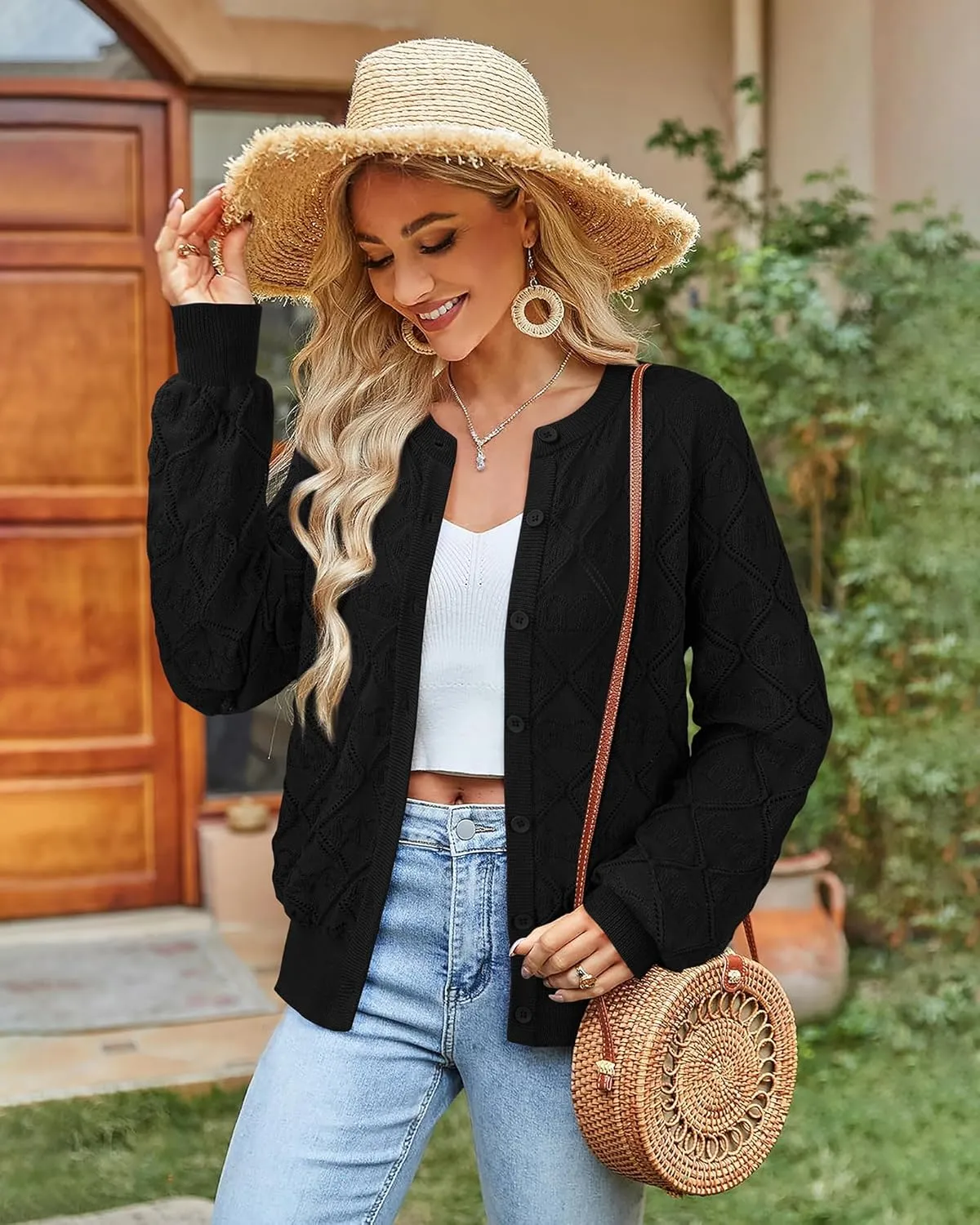 Messic Women's Lightweight Cardigan Shrugs Hollowed-Out Button Down Crochet Knit Sweater Tops