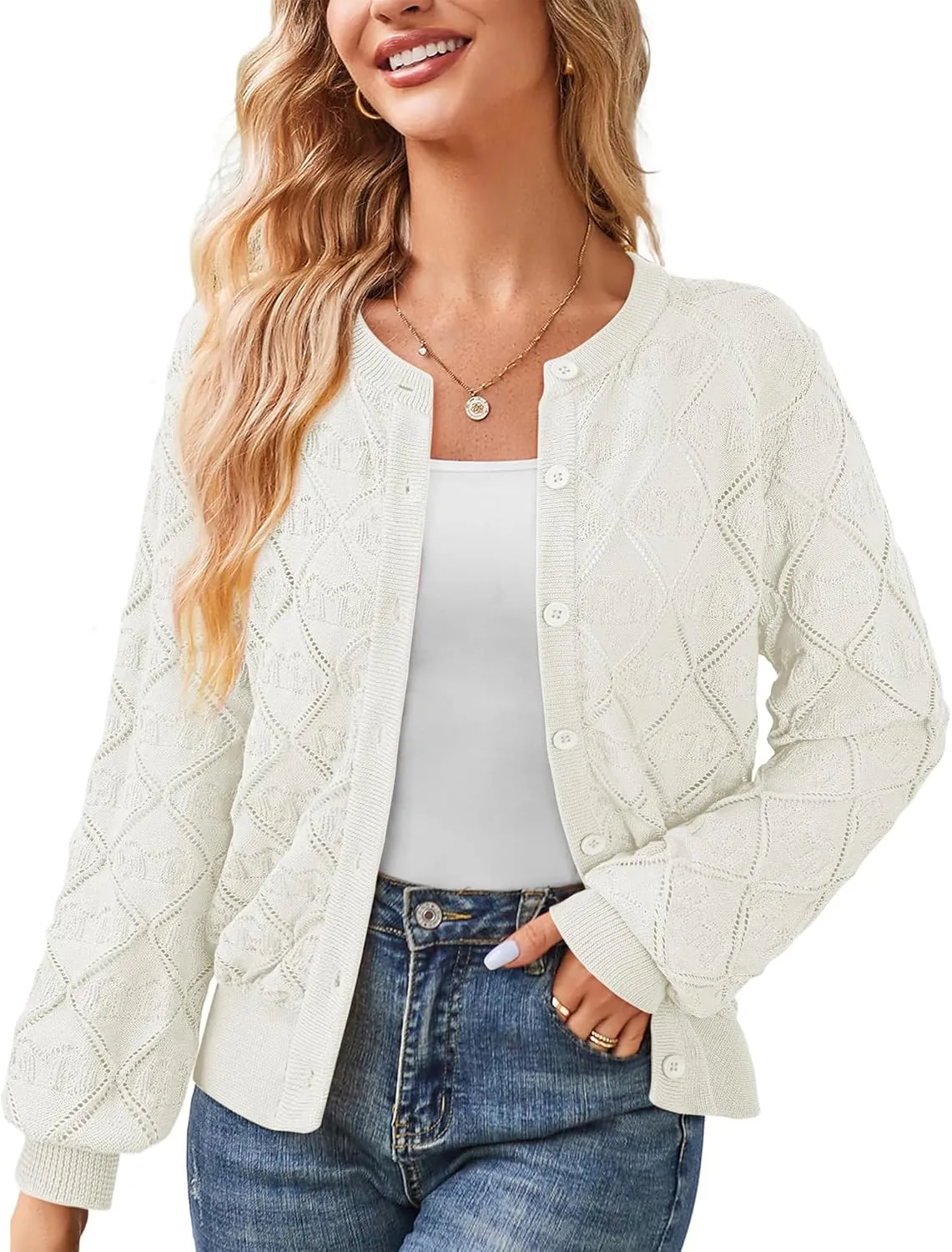Messic Women's Lightweight Cardigan Shrugs Hollowed-Out Button Down Crochet Knit Sweater Tops