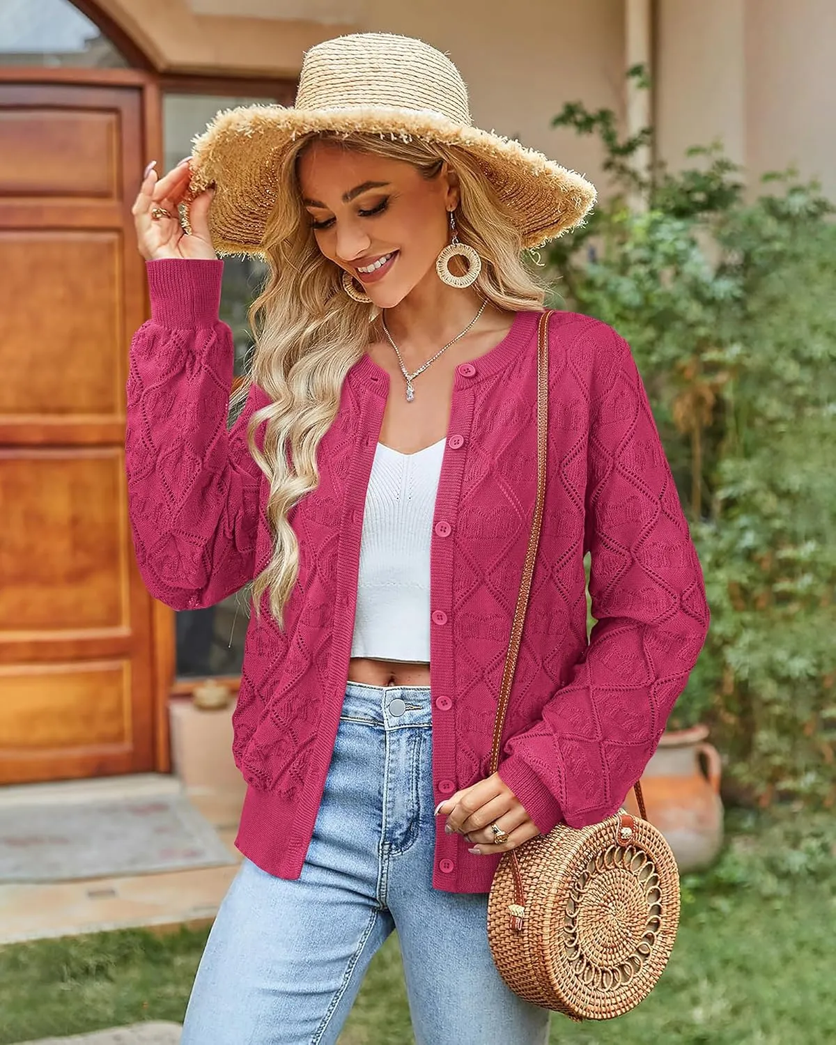 Messic Women's Lightweight Cardigan Shrugs Hollowed-Out Button Down Crochet Knit Sweater Tops
