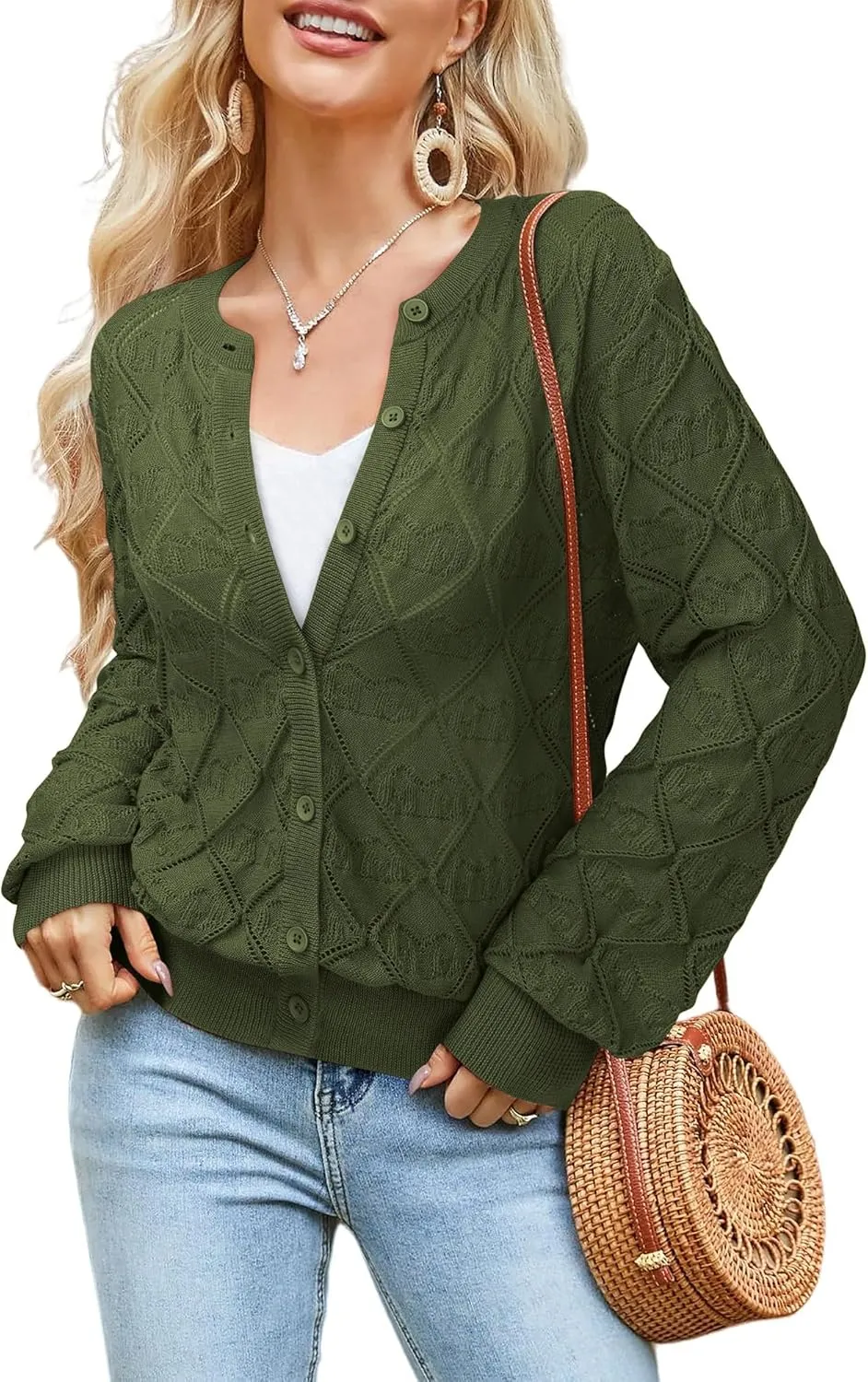 Messic Women's Lightweight Cardigan Shrugs Hollowed-Out Button Down Crochet Knit Sweater Tops