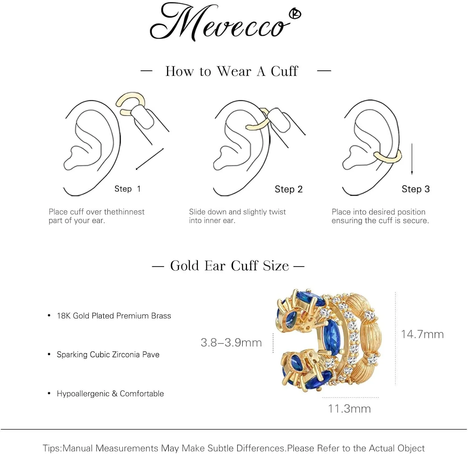 MEVECCO Ear Cuffs Non Piercing For Women 18K Gold Plated CZ Ear Cuff Earring Clip on Cartilage Fake Hoop Earrings Stack Jewelry Gifts
