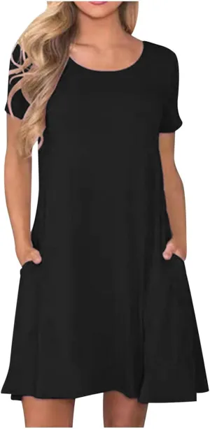 Midi Dresses for Women 2025 Casual Short Sleeve Dress Crew Neck Loose Dresses Flowy Swing Tunic Dress with Pockets