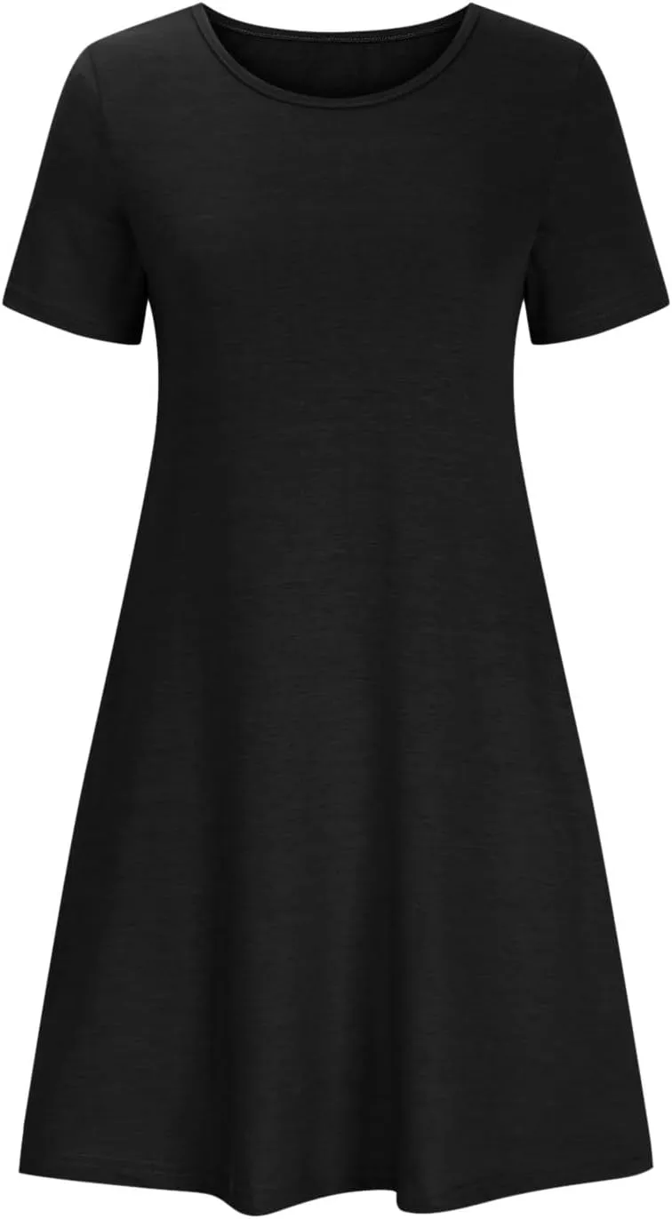 Midi Dresses for Women 2025 Casual Short Sleeve Dress Crew Neck Loose Dresses Flowy Swing Tunic Dress with Pockets