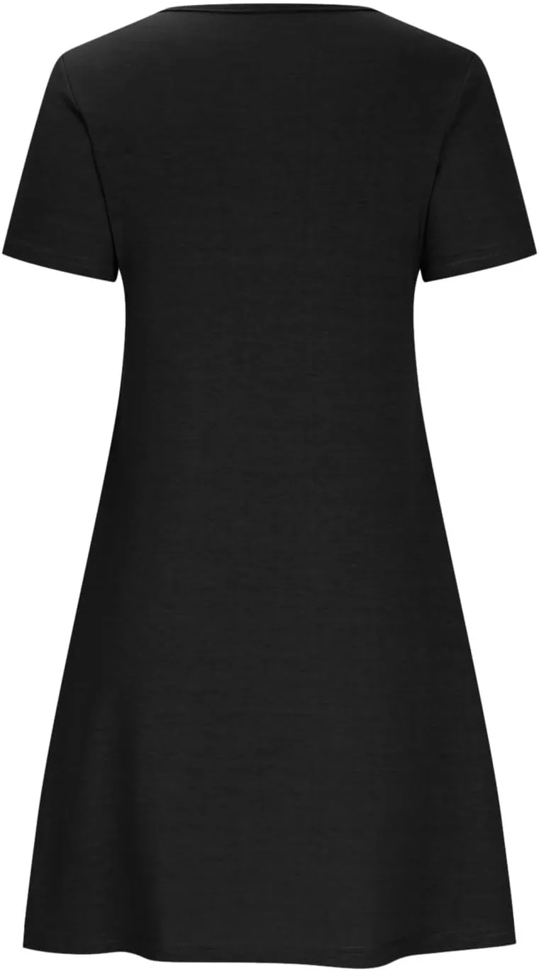 Midi Dresses for Women 2025 Casual Short Sleeve Dress Crew Neck Loose Dresses Flowy Swing Tunic Dress with Pockets