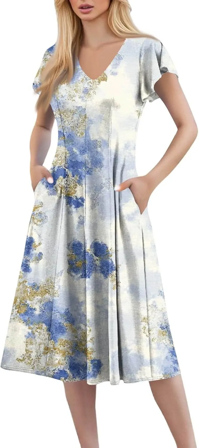 Midi Dresses Short Sleeve Deep V Neck Summer Casual Plus Size Split Trendy Casual Wedding Guest Dresses for Women Long