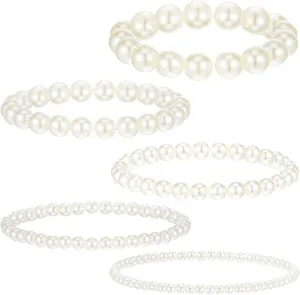 Molain 5 Pcs Pearl Bracelets for Women Stretch Strand Bracelets Pearl Bracelets Bridal Wedding Elastic Bracelets Stackable Faux Pearl Bracelets for Lady Party Jewelry Pearl Beaded Bracelets