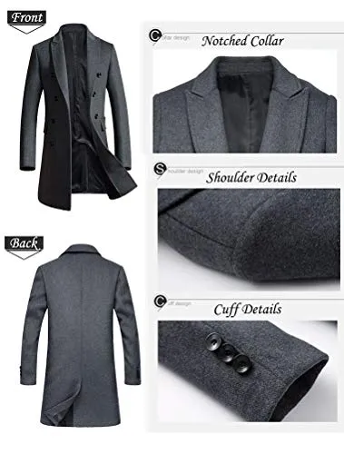 Mordenmiss Men's Premium Double Breasted Woolen Pea Coat Notched Collar Overcoat Dark Gray XL